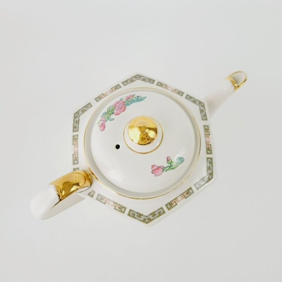 Vintage Sadler Indian Tree Teapot Hexagonal Shape Pink Oriental Floral Gold Trim - Picture 2 of 13